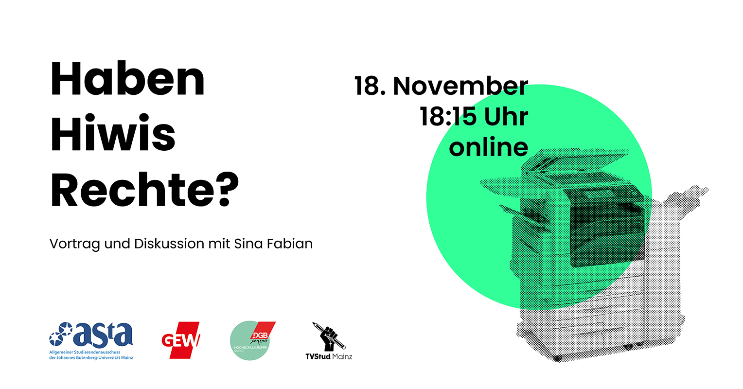 Haben Hiwis Rechte? Vortrag und Diskussion mit Sina Fabian am 18. November, 18.15 online auf BigBlueButton